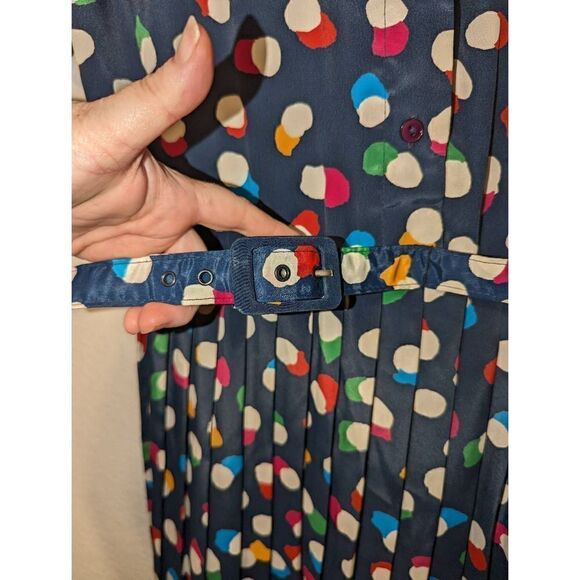 Vintage Women's Abstract Floral Pleated Utility Dress Navy Blue Size 14 - Picture 6 of 15